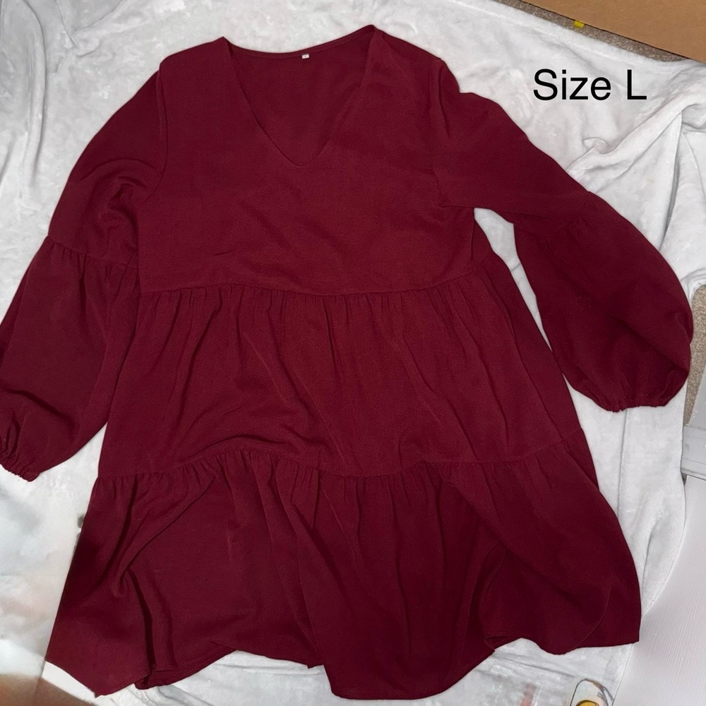 Burgundy V-Neck Tiered Dress